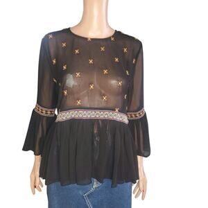 Chelsea & Violet Size XS Black Sheer embroidered Bell Sleeve Top Fairy Boho